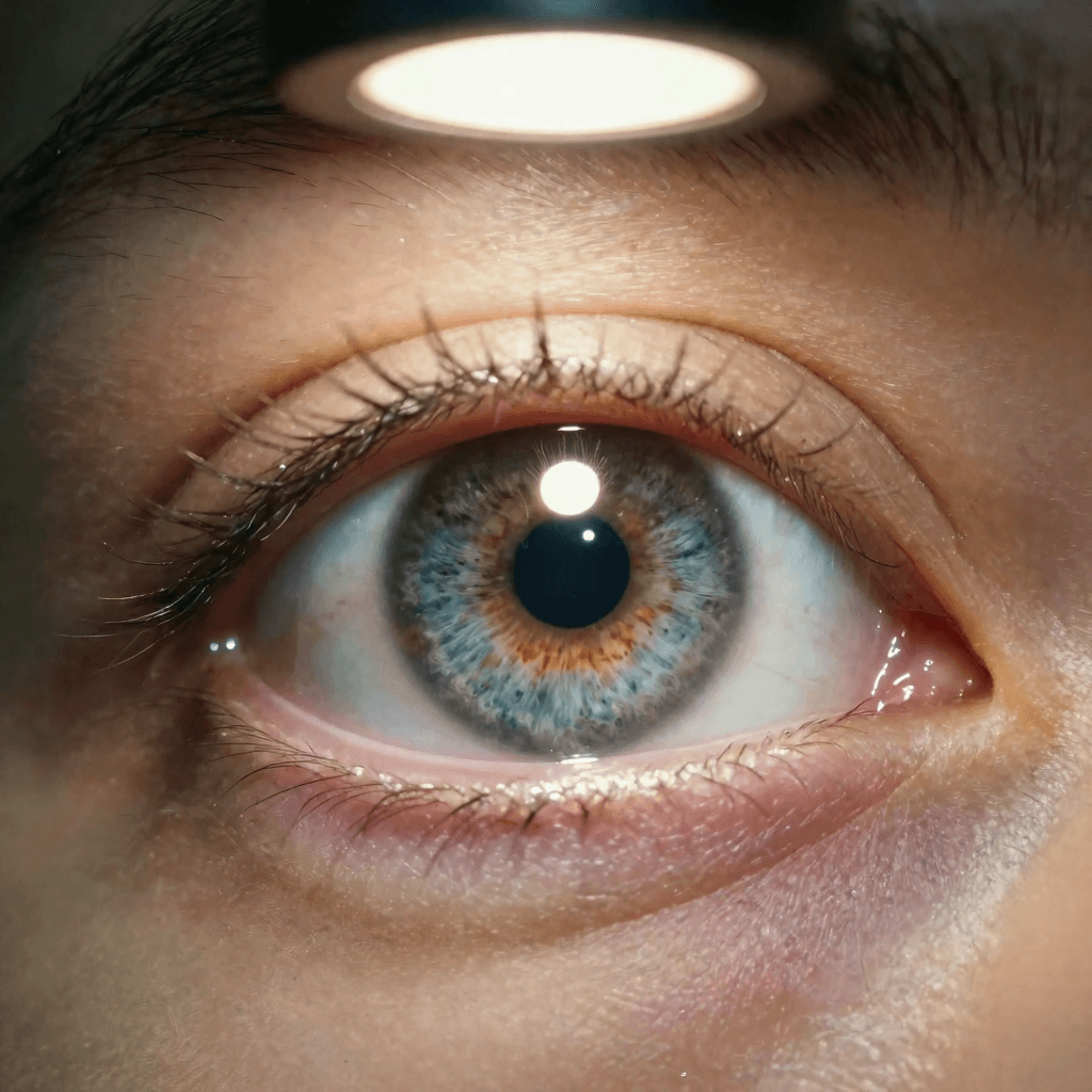 An iris with a bright spot from a ceiling light in the centre