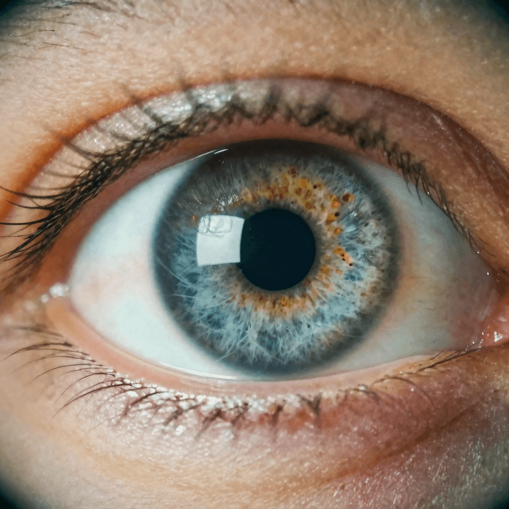 An iris with a bright rectangular screen reflection smeared across it