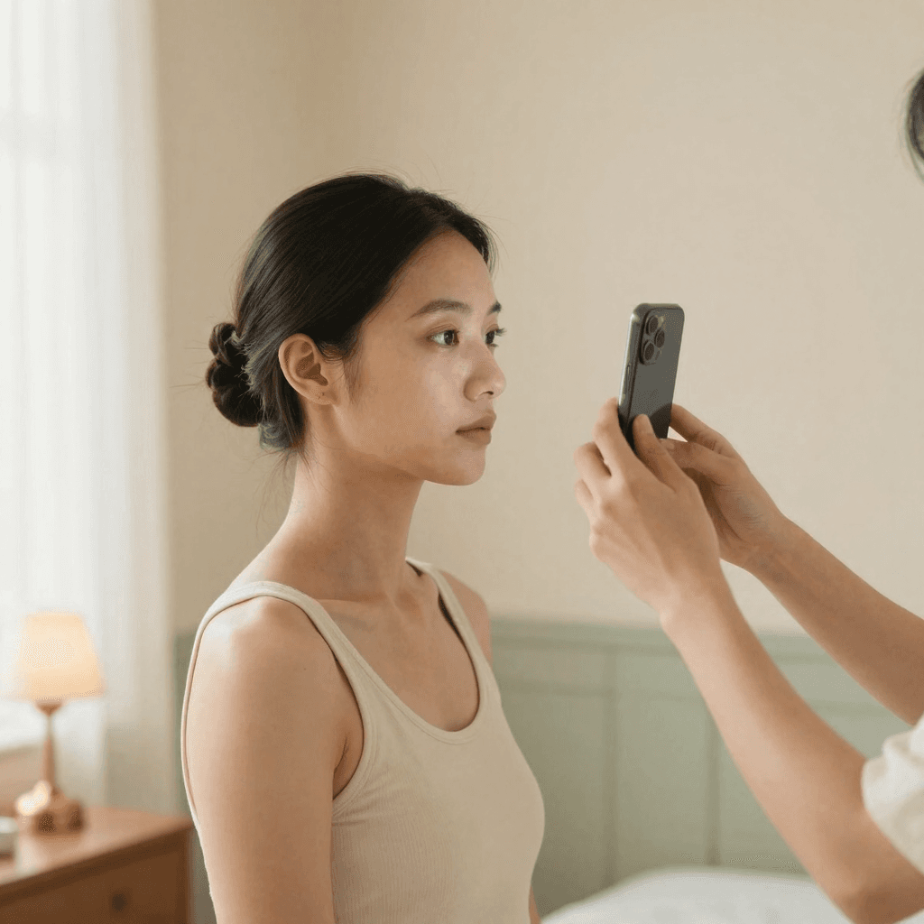 A friend holding a phone a few centimetres from someone's eye, lit from the side