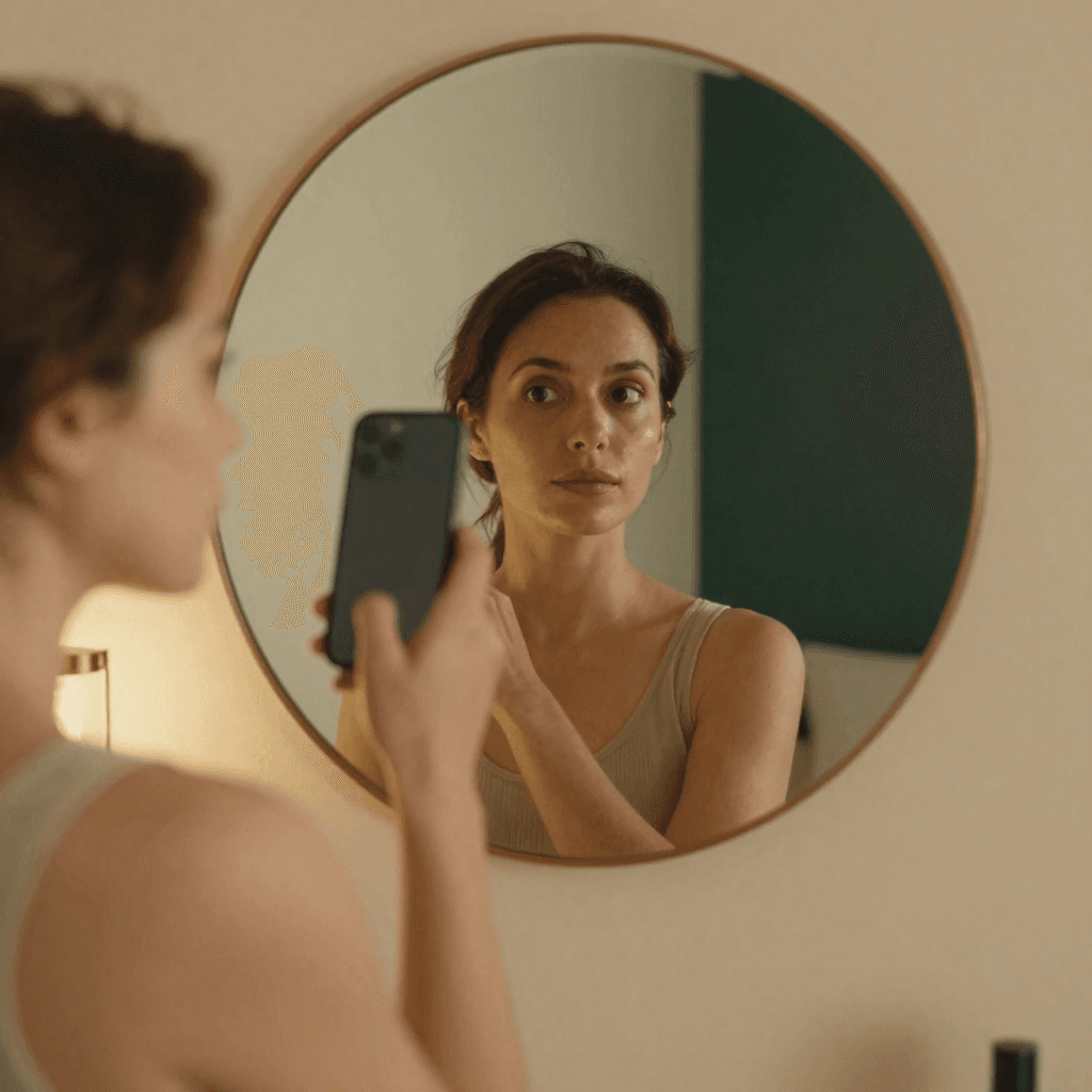 Phone held up to a mirror with a small lamp lighting the eye from one side