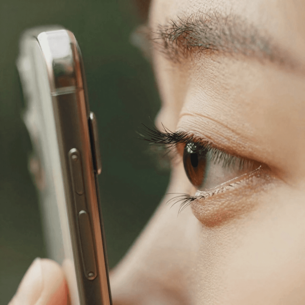 Close-up photo of a phone held about two centimetres from an open eye