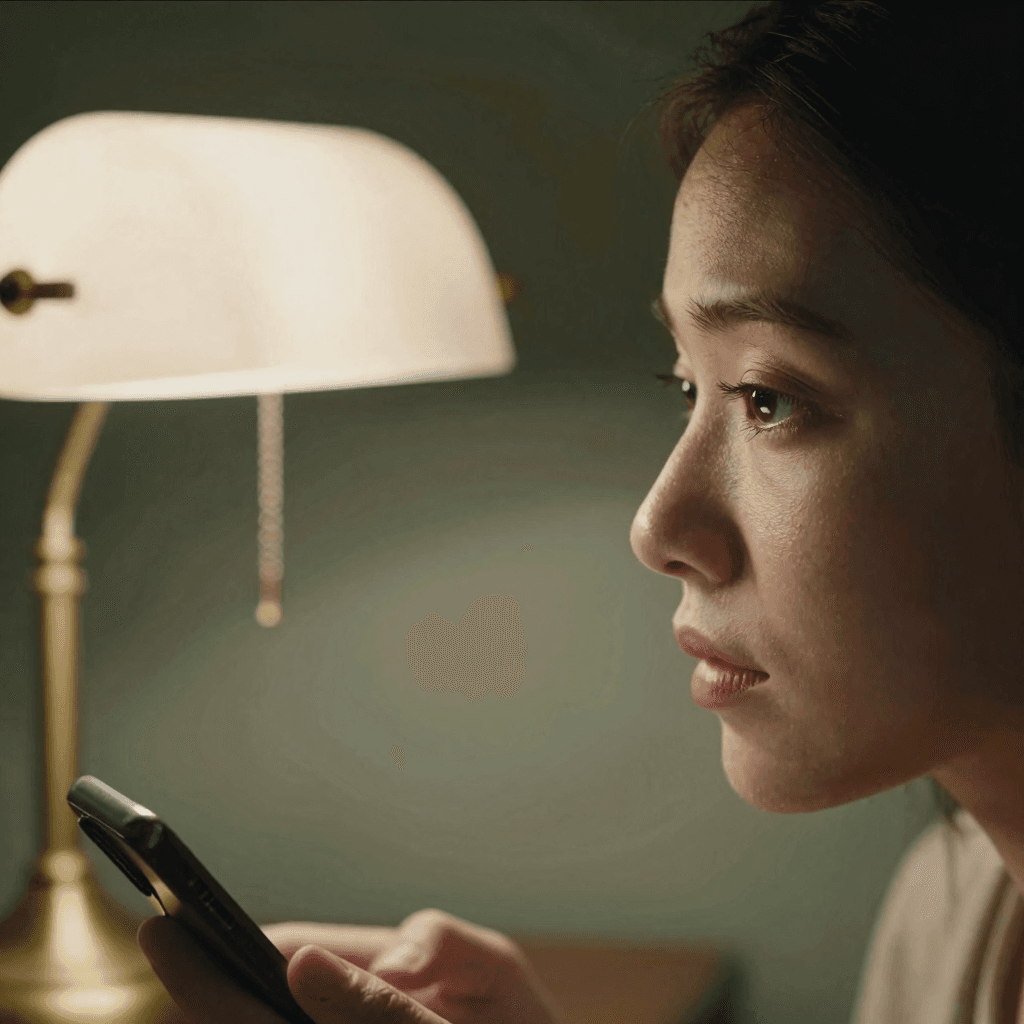 A desk lamp lighting the eye from the side, with the phone held out of the beam