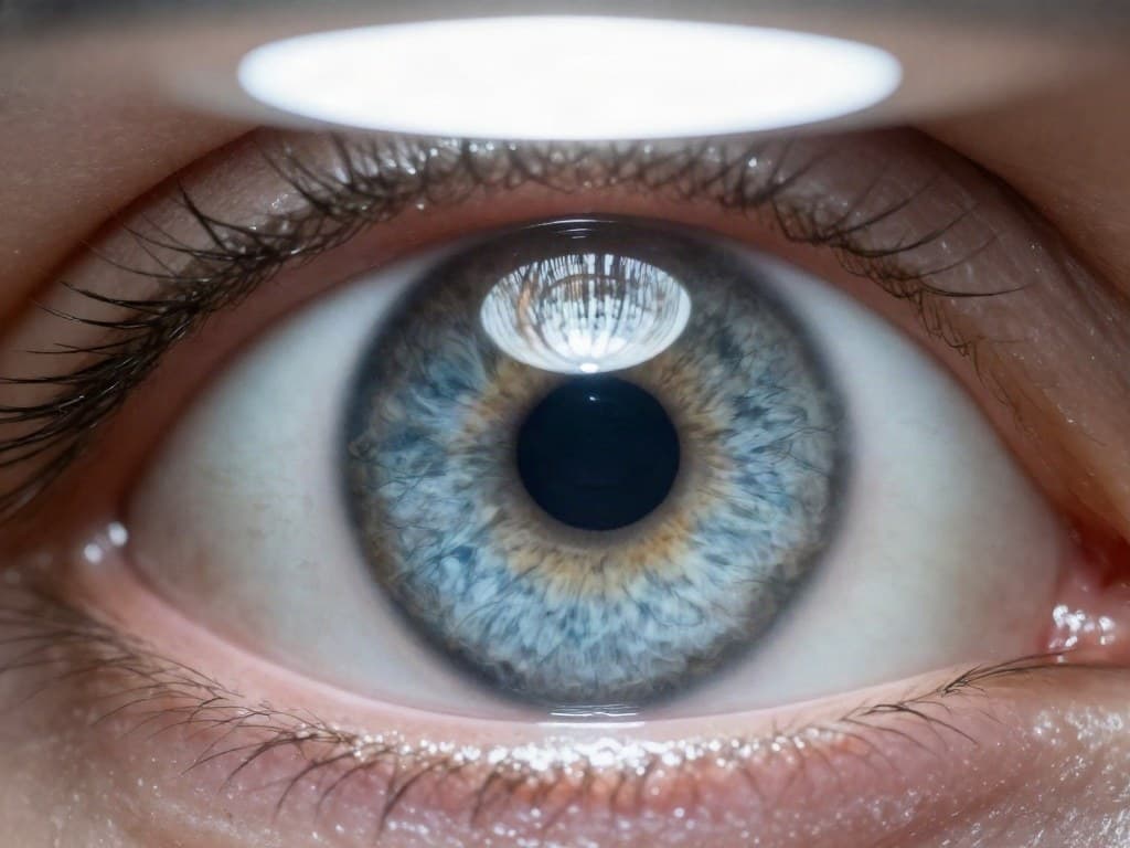 An iris with a bright spot from a ceiling light in the centre