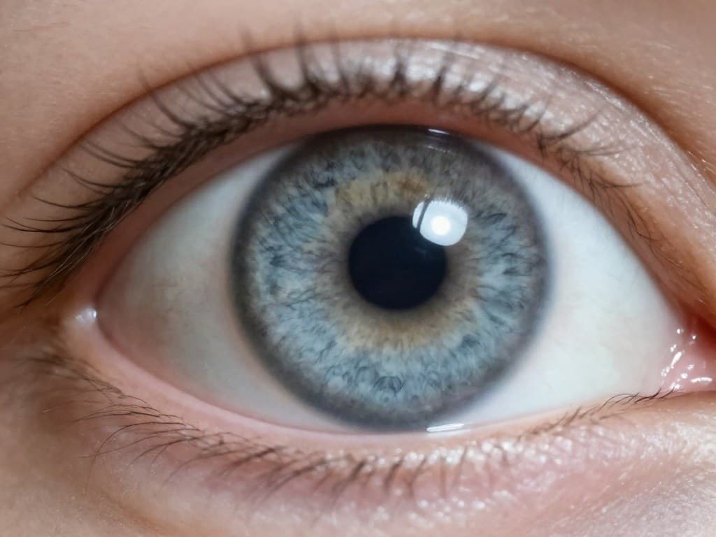 A close-up of an eye lit from the side: one small spot of light beside the pupil and no glare across the iris