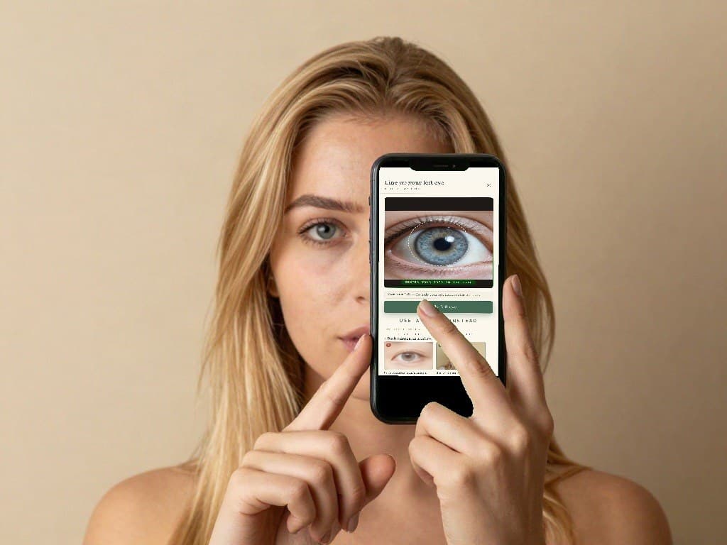 Seen from the mirror: her finger held on the screen while the app shows her iris inside the ring